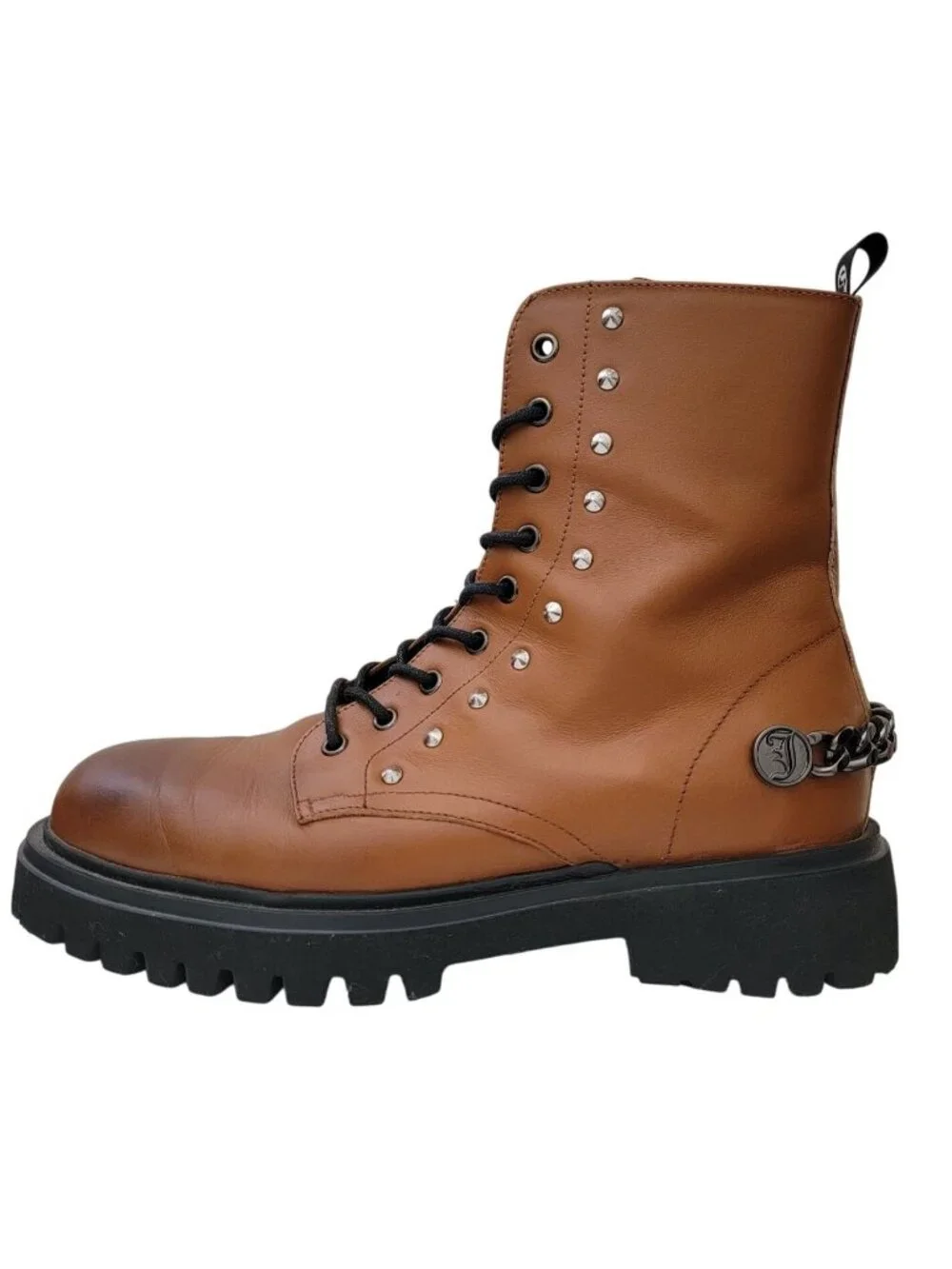 JOHN GALLIANO Curb Link Brown Leather Combat Boots w/ Side Zipper Sz 43 - Picture 1 of 9